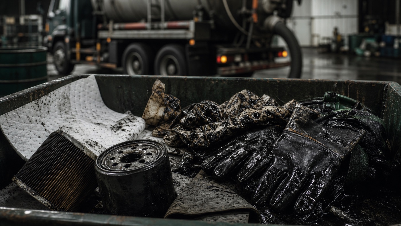 Guantes, EPP y paños contaminados con aceite negro preparados para retiro